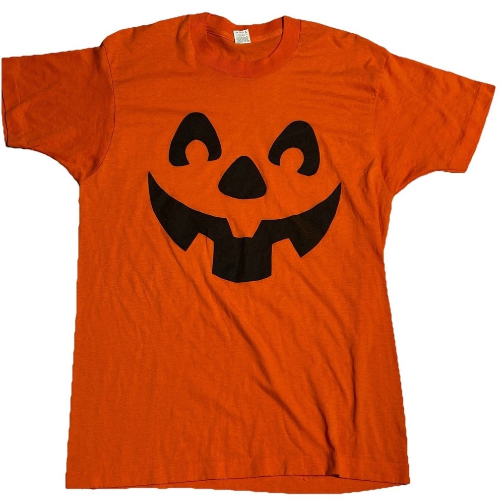 Vintage Halloween Pumpkin‎ Face T-Shirt M Orange Made USA  Screen Stars 50/50